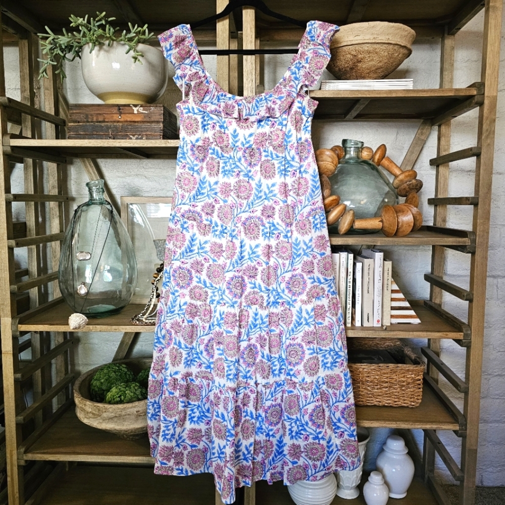 J. Crew Tiered Ruffleneck Floral Midi Dress Cotton Voile in Vine Block Print M